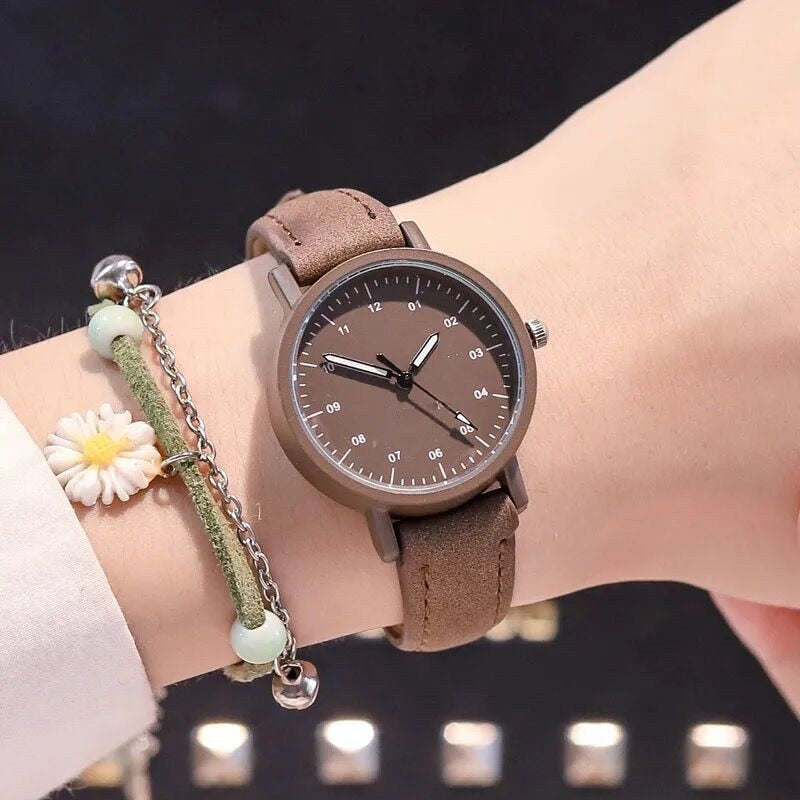 Minimalist Quartz Leather Strap Round Dial Wrist Watch coffee color China