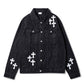 High Street Leather Embroidery Cross Old Denim Jacket
