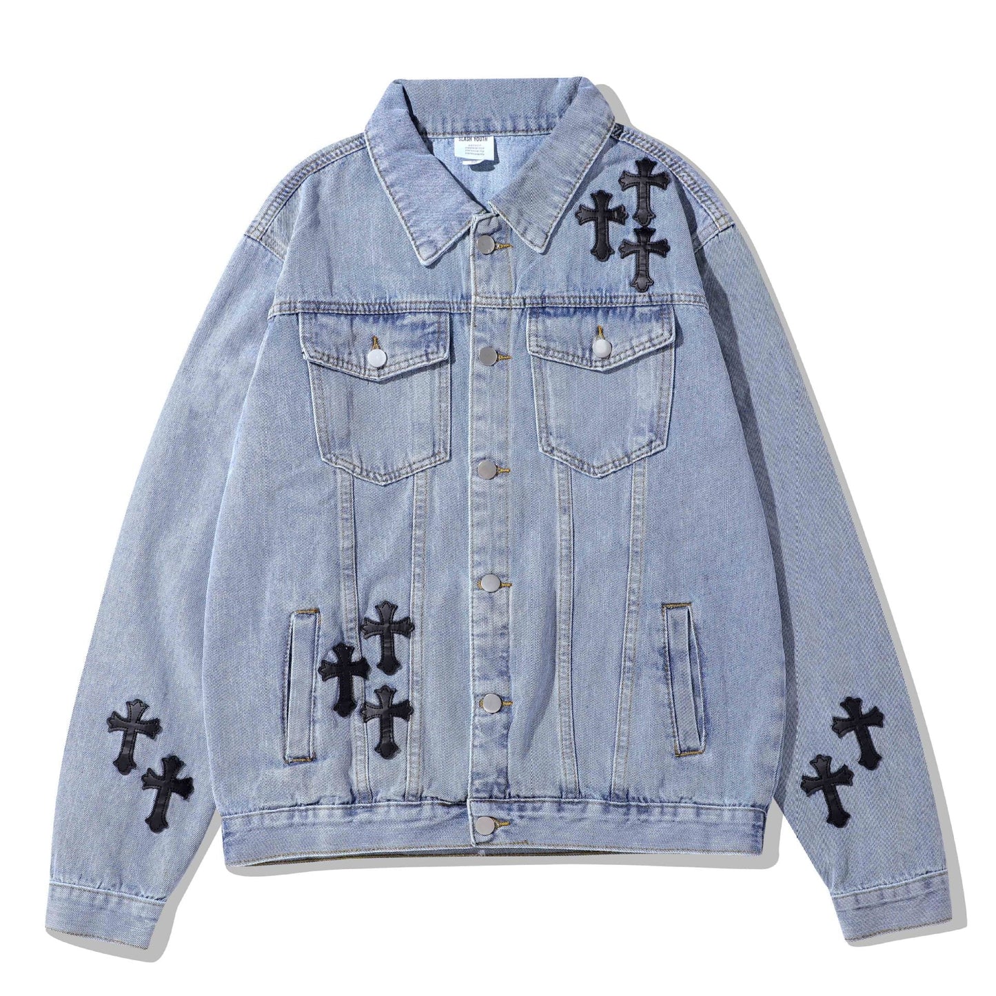 High Street Leather Embroidery Cross Old Denim Jacket Blue s112 Xl