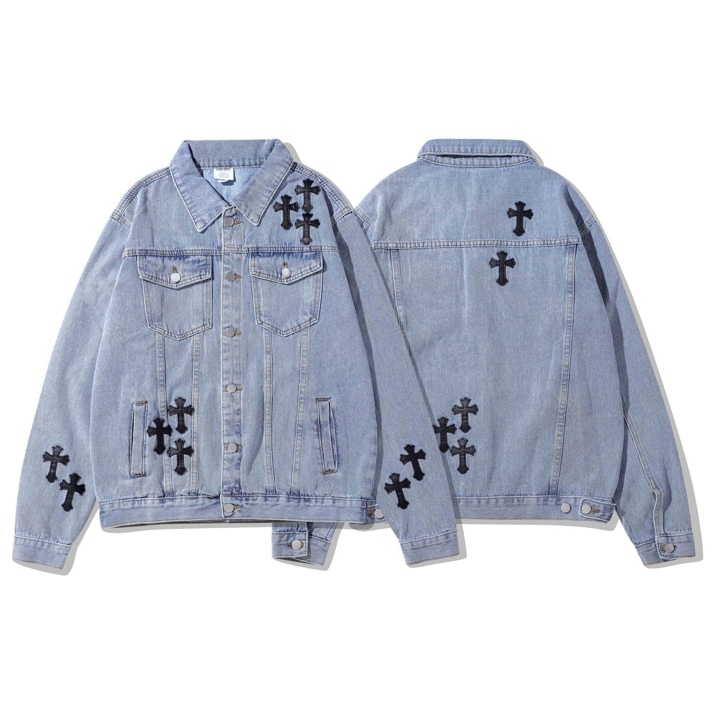 High Street Leather Embroidery Cross Old Denim Jacket Blue s112 L