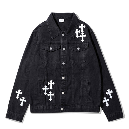 High Street Leather Embroidery Cross Old Denim Jacket Black s111