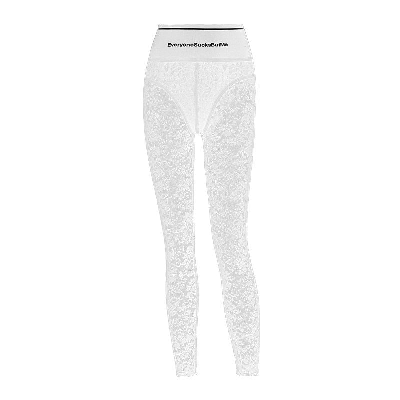 High Waist Lace See Through Zip Up Pants white leggings