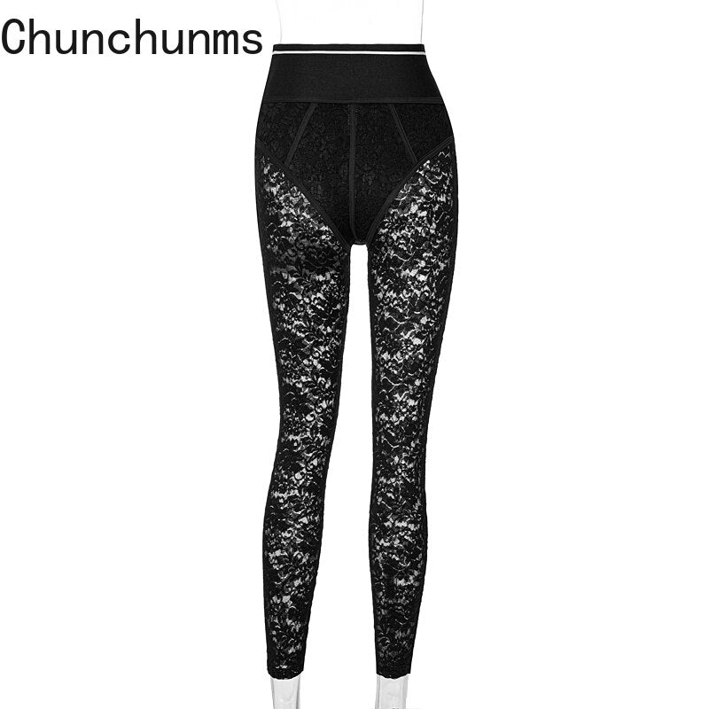 High Waist Lace See Through Zip Up Pants
