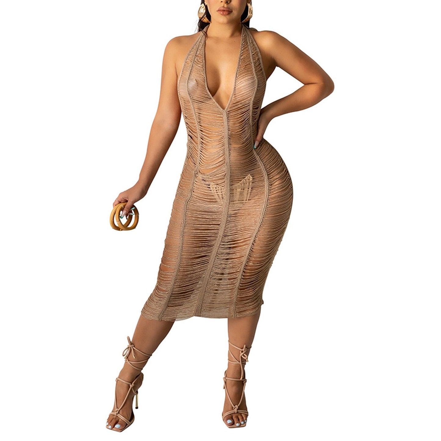 Hollow Out Solid Color See Through Deep V Neck Dress Camel
