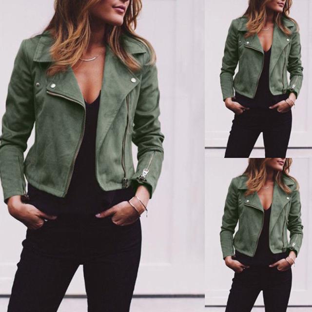 Hot Style Suede Short Oblique Motorcycle Jacket Green
