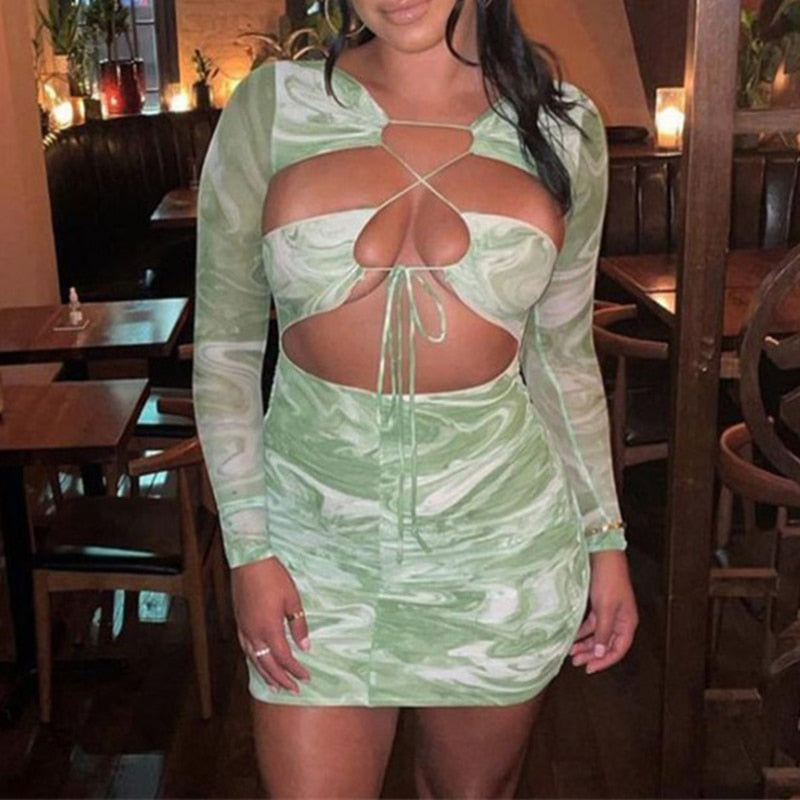 Green Long sleeve Brazilian Sexy See Through Dress
