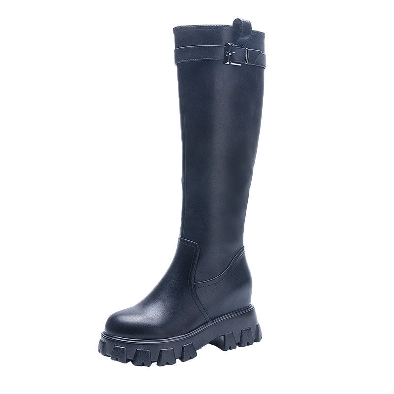 Thick Soled Long Trendy Leather Rain Boots 2083-6 black thin velvet