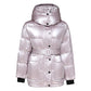 Shiny Thick Mid Length Button Down Belt Coat Pink S