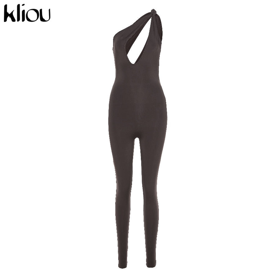 One Shoulder Cut Out Solid Backless Skinny Slim Jumpsuit Chocolate