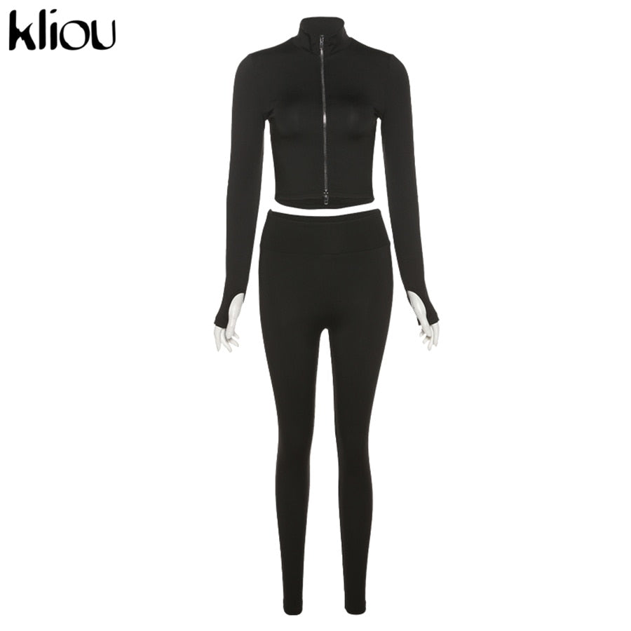 Kliou Solid Simple Two Piece Set Sheath Slim Casual Sporty Long Sleeve Zipper Top & Body Shaping Female Activewear Outfits black