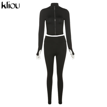 Kliou Solid Simple Two Piece Set Sheath Slim Casual Sporty Long Sleeve Zipper Top & Body Shaping Female Activewear Outfits black