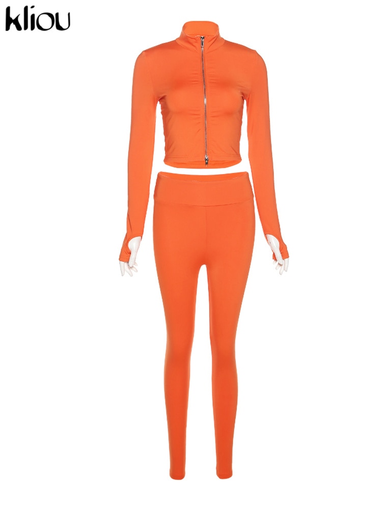 Kliou Solid Simple Two Piece Set Sheath Slim Casual Sporty Long Sleeve Zipper Top & Body Shaping Female Activewear Outfits Orange