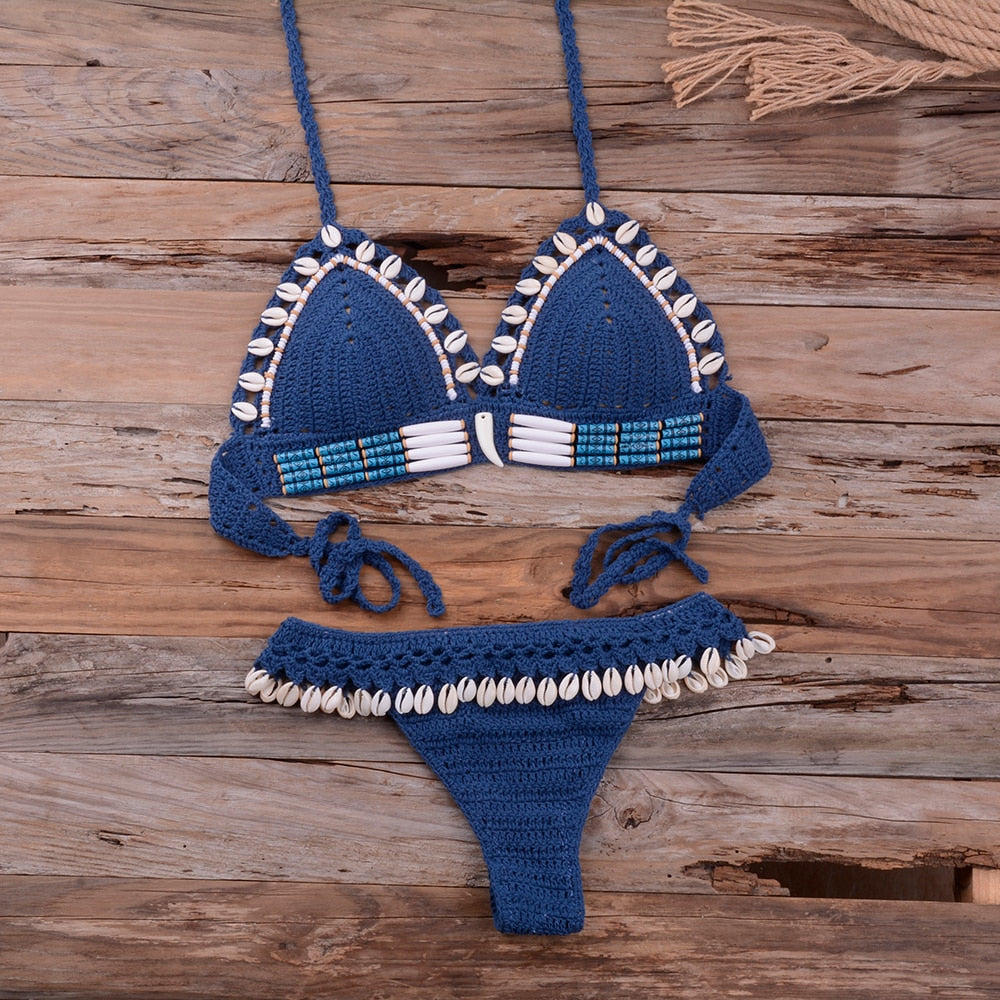 Knitted Bikini Shell Tassel Thong Halter Brazilian Biquinis Female Crochet Swimsuit New Swimming Suit Ladies Swimwear Blue