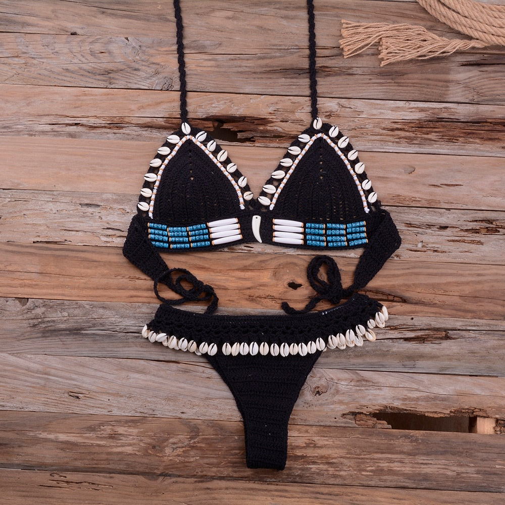 Knitted Bikini Shell Tassel Thong Halter Brazilian Biquinis Female Crochet Swimsuit New Swimming Suit Ladies Swimwear Black