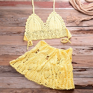 Knitted Bikini Thong Bathing Suit High Waist Crochet Swimsuit With Skirt Shell Hollow Out Swimwear Yellow