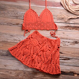 Knitted Bikini Thong Bathing Suit High Waist Crochet Swimsuit With Skirt Shell Hollow Out Swimwear Rusty Red