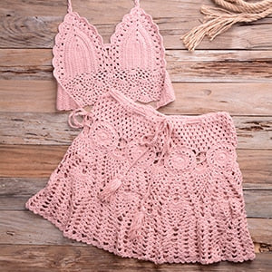 Knitted Beach Wear High Waist Crochet Outfit Pink