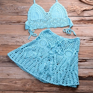 Knitted Bikini Thong Bathing Suit High Waist Crochet Swimsuit With Skirt Shell Hollow Out Swimwear Sky Blue