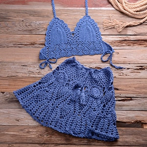 Knitted Bikini Thong Bathing Suit High Waist Crochet Swimsuit With Skirt Shell Hollow Out Swimwear Blue