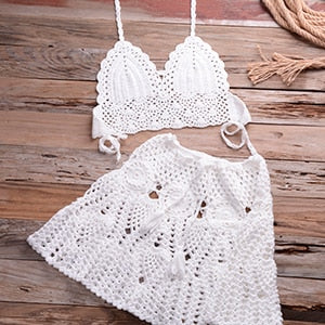 Knitted Bikini Thong Bathing Suit High Waist Crochet Swimsuit With Skirt Shell Hollow Out Swimwear White