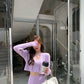 Knitted Casual Suit Autumn Suspenders & Small Cardigan Coat & Wide leg Pants Three piece Purple A2128