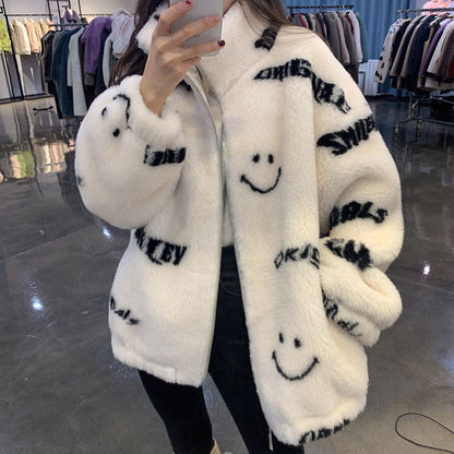 Ladies Letter Smiley Lamb Wool Jacket White stand-up collar