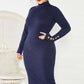 Long Sweater Long Sleeve Stretch Slim High Neck Knitted Dress Navy