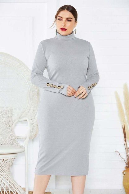 Long Sweater Long Sleeve Stretch Slim High Neck Knitted Dress Gray