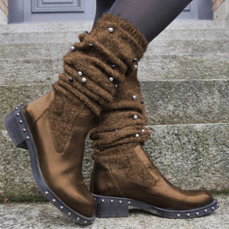 Sweatered Round Warm High Top Boots Brown