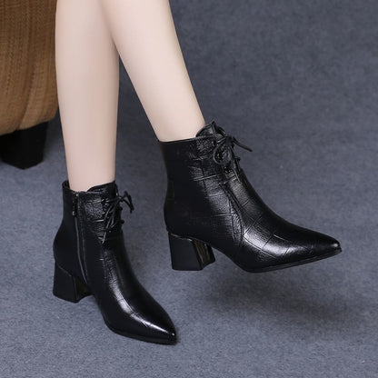 Leather Shoes New Spring And Autumn Mid heel Thick heeled Soft Leather Short Boots Single Boots Autumn And Winter Shoes Pointed Toe Martin Boots Black single