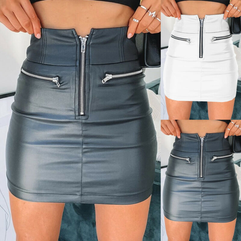 Leather Zipper Waist Pencil Evening Mini Skirt