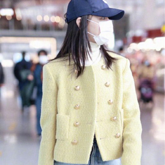 Lisa Han Suxi Song Jia Star With The Same Yellow Small Fragrance Coat Tweed Double breasted Temperament Short Top