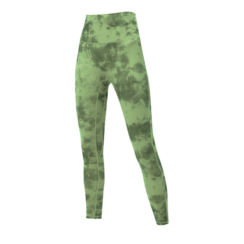 Tie Dye Double sided Brushed High Waist Hip Lifting Elastic Tight Fitting Yoga Pants Ice washed apple green