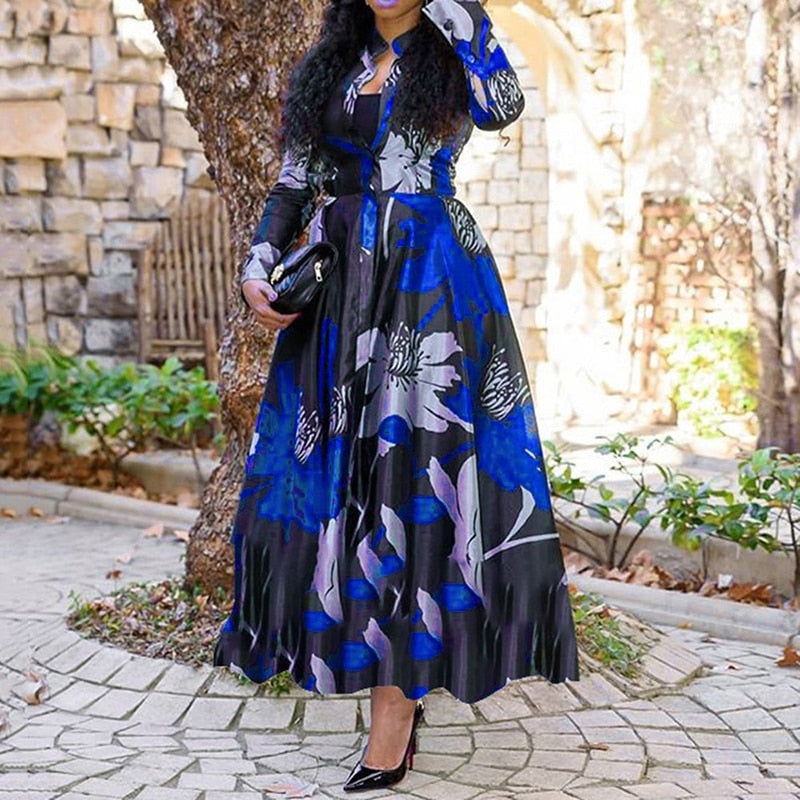 Long Ankara Elegant Lady Robe Party Dress Blue