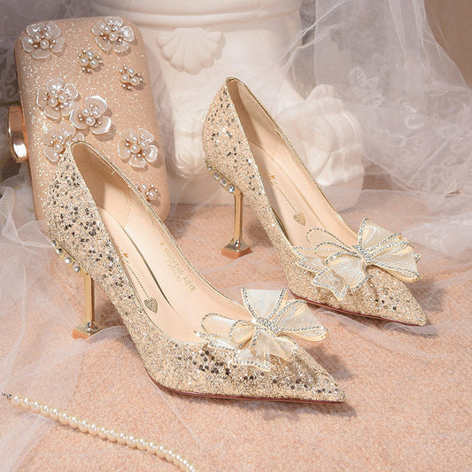 Main Wedding Dress New Champagne Gold French High Heels Xiuhe Luxury Bridal Dress Crystal Shoes