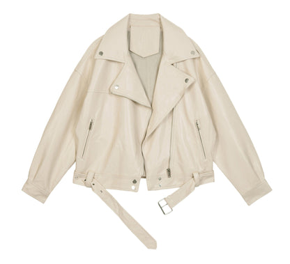 Motorcycle Collar BF Wind Resistant Handsome Leather Jacket Beige