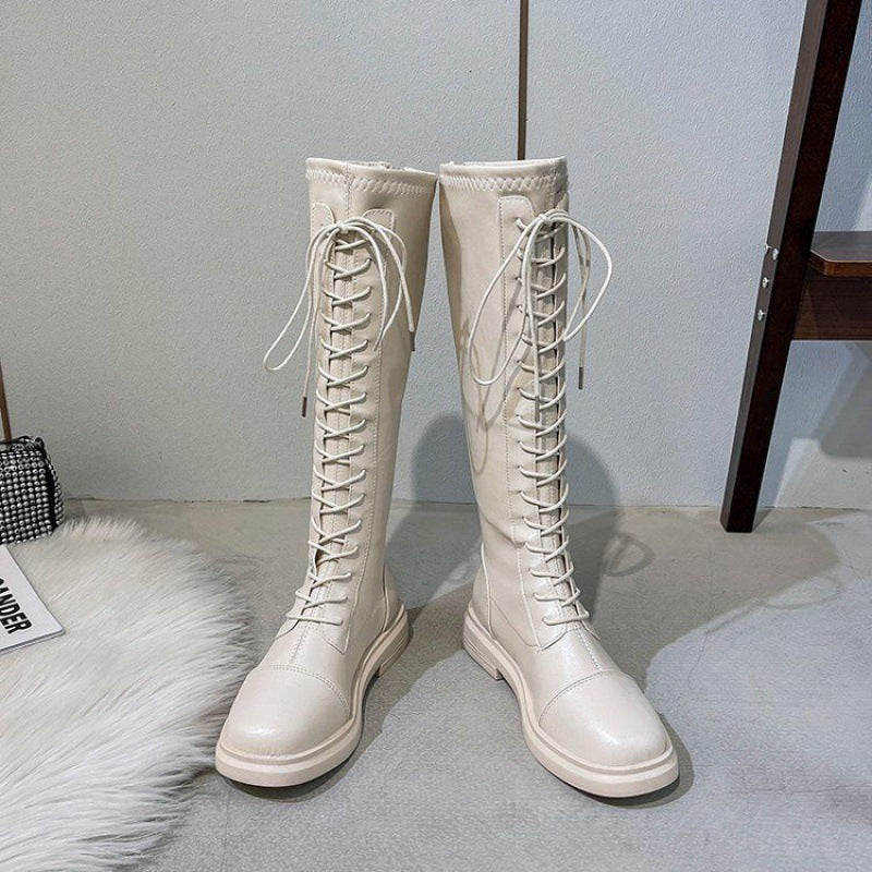 Net Red Small But Knee high Boots New Leather Boots High Boots Lace Up Skinny Leather Boots Upgraded leather surface beige [inner order] 39