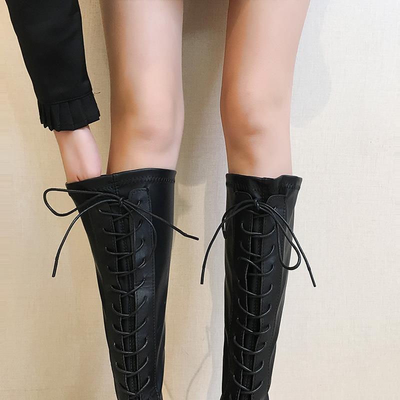 Net Red Small But Knee high Boots New Leather Boots High Boots Lace Up Skinny Leather Boots Upgraded leather surface beige [inner order] 36