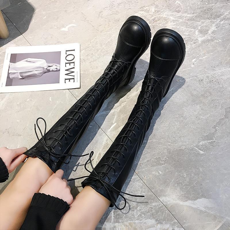 Net Red Small But Knee high Boots New Leather Boots High Boots Lace Up Skinny Leather Boots