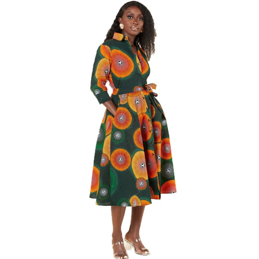 African Vetement Femme Kente Print Shirt Dress green