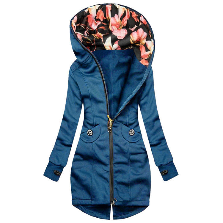 New Fashion Casual Mid Length Wild Zipper Cardigan Hooded Sweater Blue