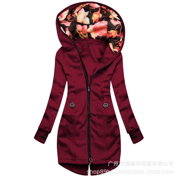 New Fashion Casual Mid Length Wild Zipper Cardigan Hooded Sweater Wine red