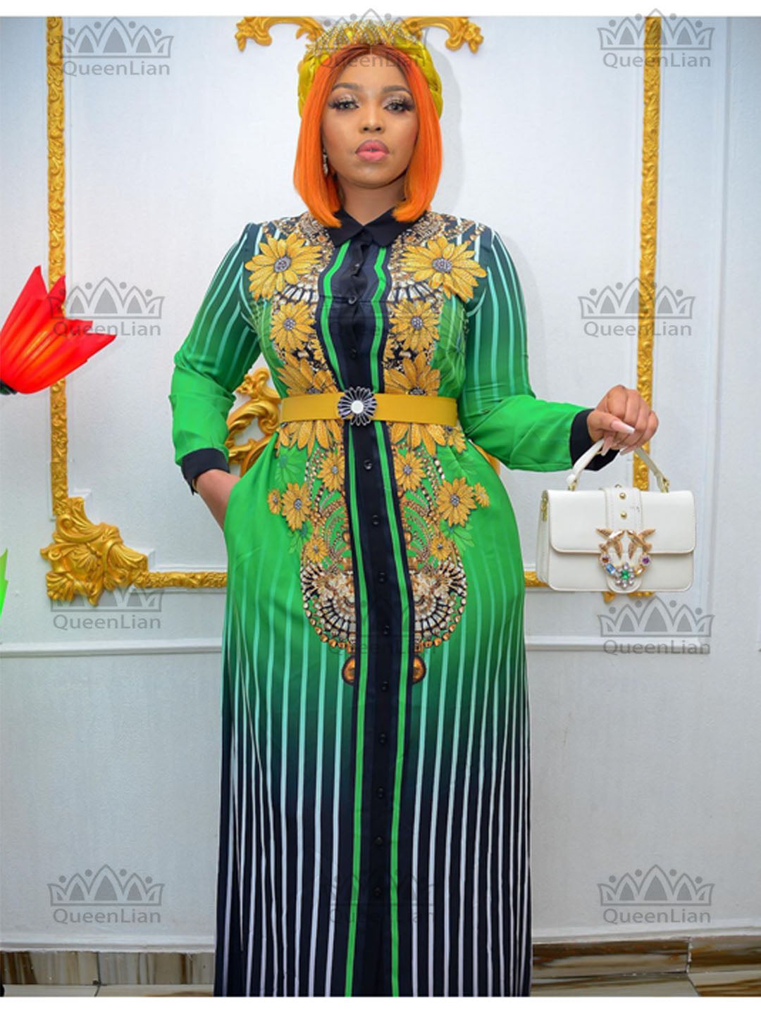 New Fashion Shirt collar With Diamond African chiffon Loose Long Dashiki Traditional Dress With Black Belt For Lady （CPXF08）） green