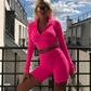 New Female Fluorescence Fitness Two Pieces Sets Autumn Full Sleeve Zipper Turtleneck Tops High Waist Shorts Suits