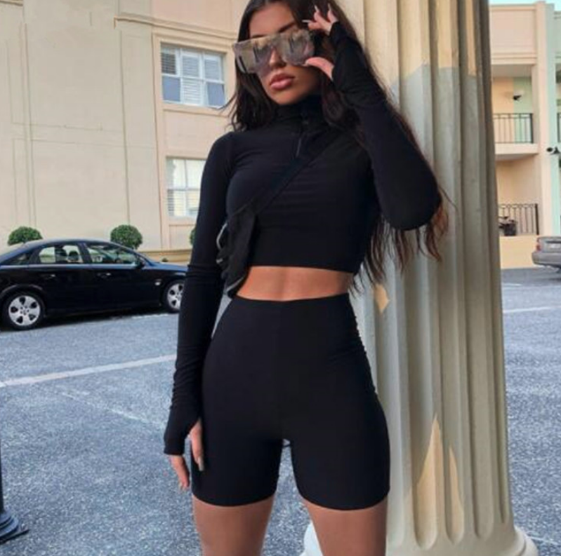 New Female Fluorescence Fitness Two Pieces Sets Autumn Full Sleeve Zipper Turtleneck Tops High Waist Shorts Suits