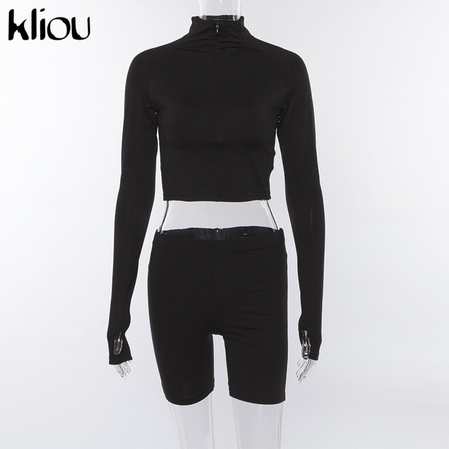 New Female Fluorescence Fitness Two Pieces Sets Autumn Full Sleeve Zipper Turtleneck Tops High Waist Shorts Suits Black