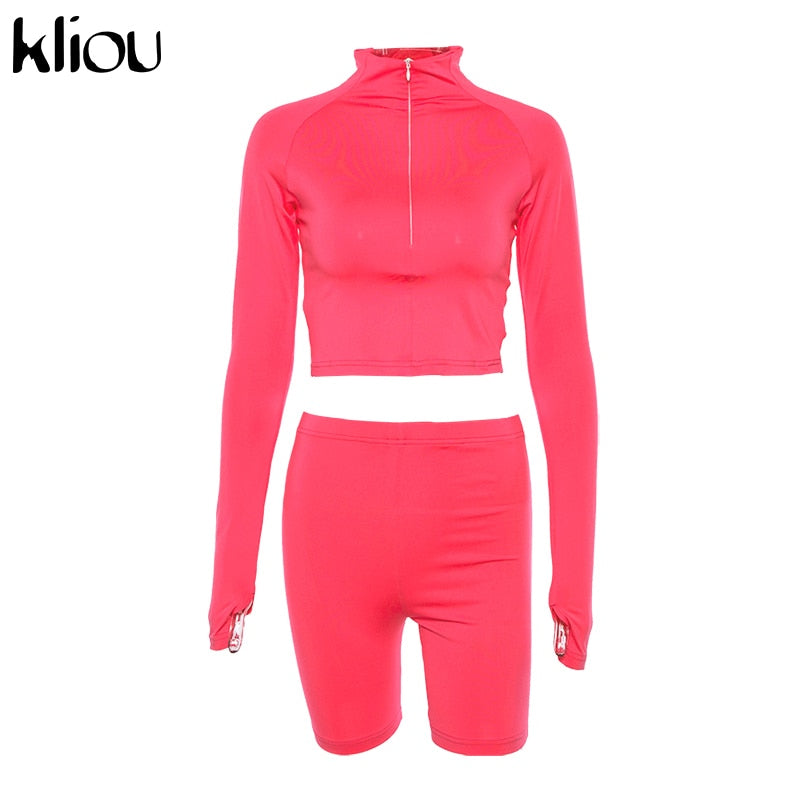 New Female Fluorescence Fitness Two Pieces Sets Autumn Full Sleeve Zipper Turtleneck Tops High Waist Shorts Suits Red