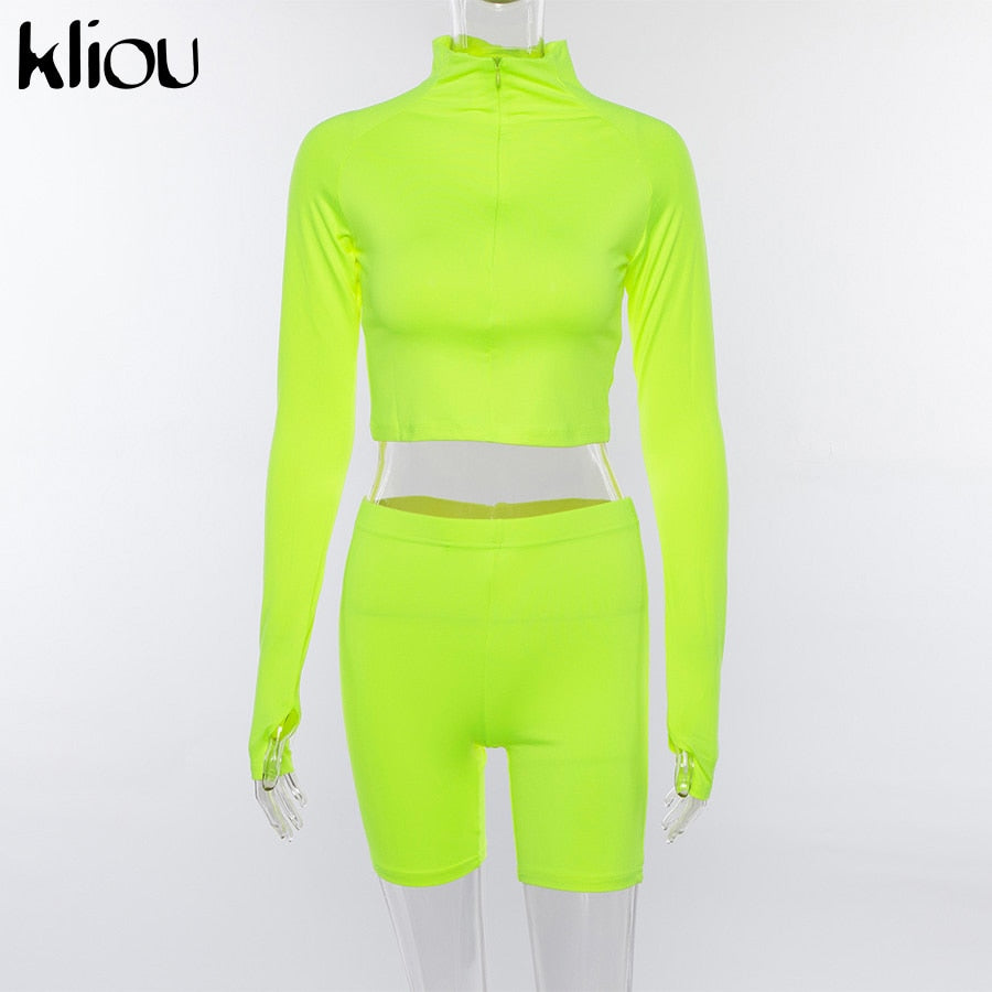 New Female Fluorescence Fitness Two Pieces Sets Autumn Full Sleeve Zipper Turtleneck Tops High Waist Shorts Suits green