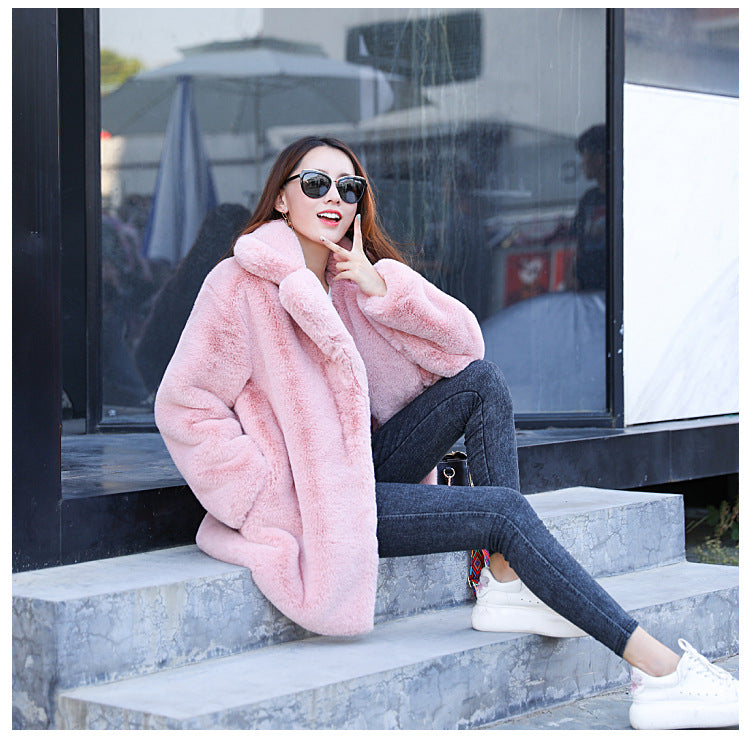 New Coat Coat Loose Lapel Thick Warm Large Size Plush Coat Pink M