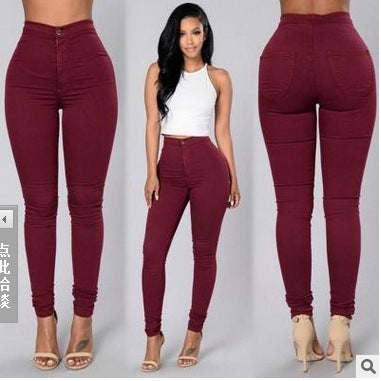 Candy Color Skinny Thin High Waist Stretch Pencil Pants Wine red
